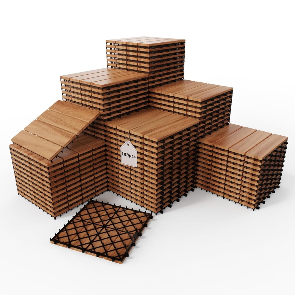 108 PCS Solid Acacia Wood Interlocking Deck Tiles - 12"x12" All Weather Waterproof, Indoor Outdoor Patio Flooring for Balcony, Backyard, Poolside