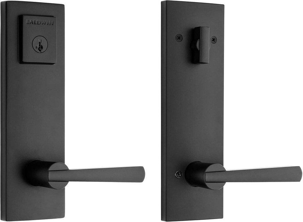 Baldwin Spyglass, Front Entry Handleset with Interior Lever, Featuring SmartKey Deadbolt Re-Key Technology and Microban Protection, in Matte Black, Full Escutcheon