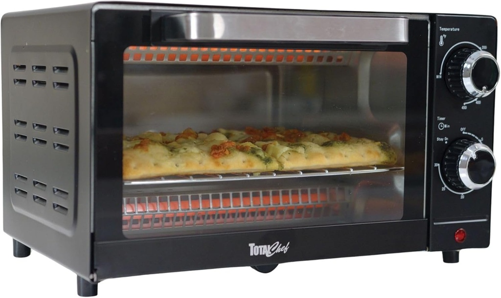 Total Chef Toaster Oven - 4 Slice Toaster Compact Size Conventional Countertop Kitchen Appliance Pequeños Tostador Horno Toast Bread Slices, Bagels, Bake, Pizza, Broil, Black