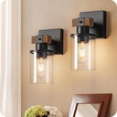 Wall Sconces Set of Two for Bathroom, Farmhouse Bathroom Light Fixture, Faux Wood Rustic Bath Vanity Light with Clear Glass Round Shade, Wall Lights for Bedroom Living Room Mirror F14BDP205