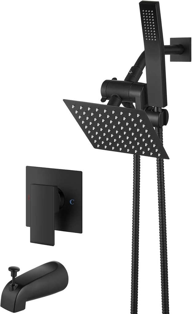 Aolemi Shower Tub Faucet Set with Handheld Spray Shower System Single Shower Rainfall Head and Handle with Tub Spout Combo Rough-in Valve Included Shower Trim Kit 6 Inch Shower Head, Matte Black