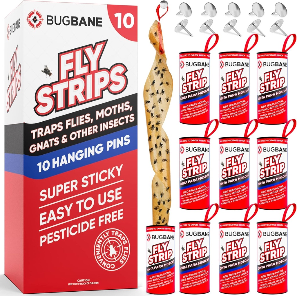 Fly Strips Indoor Sticky Hanging 10pk with Pins. Non Toxic Outdoor Fly Trap Indoor for Home. Flies Tape Paper Trap Ribbon Roll for House Gnat Fruit and Housefly. Bug Catchers for Inside Home Flypaper