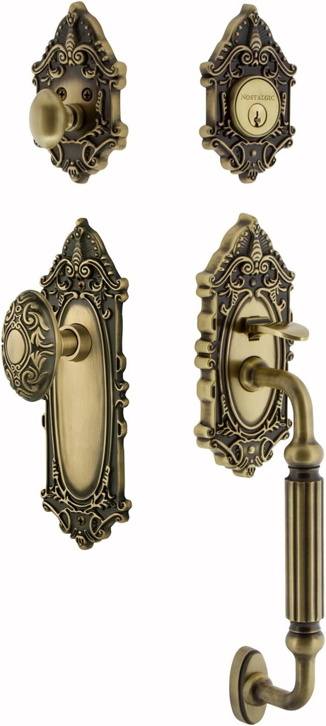 Nostalgic Warehouse 719394 Victorian F Grip Entry Set, Backset - 2.375", Antique Brass