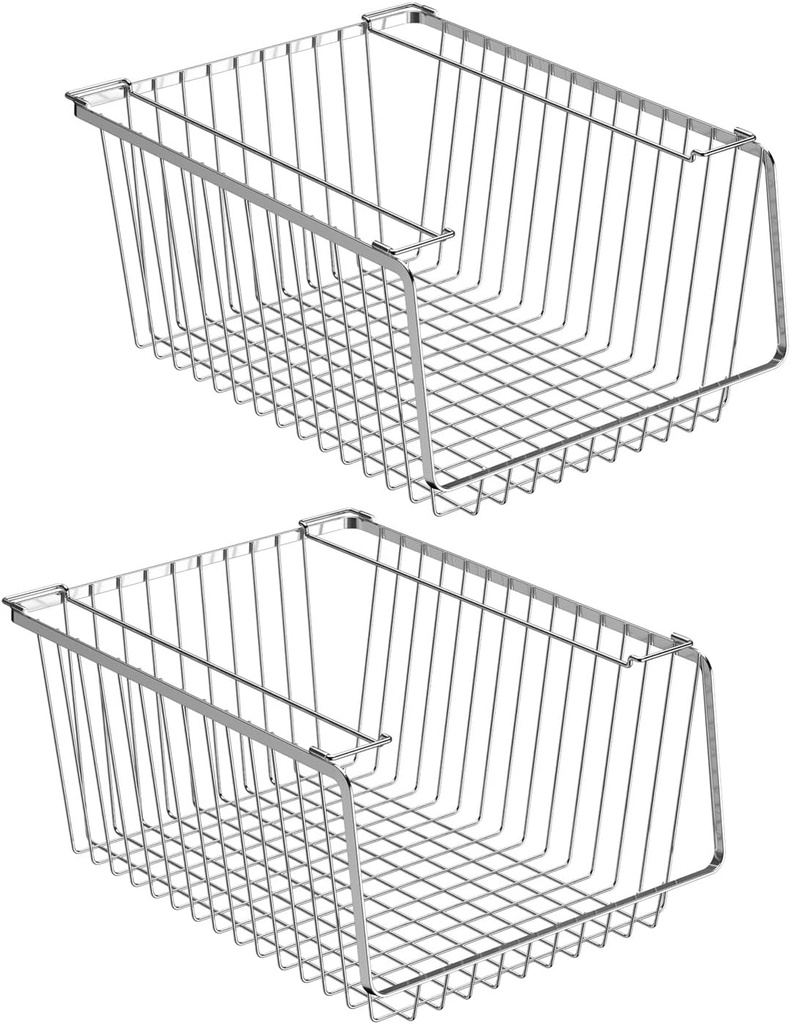 Wire Storage Baskets Stackable Organizer Basket Bins Stacking Household Wire Baskets with Handles Storage Organization for Kitchen, Pantry, Bathroom, Cabinets, Closets, Bedrooms, Set of 2