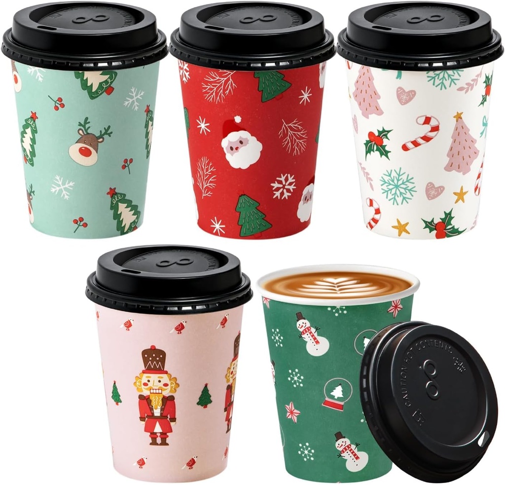 Fit Meal Prep 10 Pack 8 oz Christmas Disposable Coffee Cups with Lids, Premium To Go Cups, Leak-Proof Paper Cups for Hot Beverage, Party, Holiday