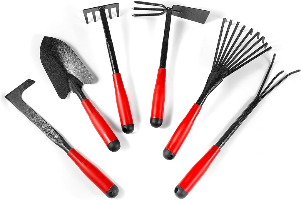 Set of 6 Gardening Tool Set, Rust-Resistant Handy Tools for Gardening, Ideal Gardening Gift Set, Including Trowel, Weeder, Hoes, and Rakes (Red)