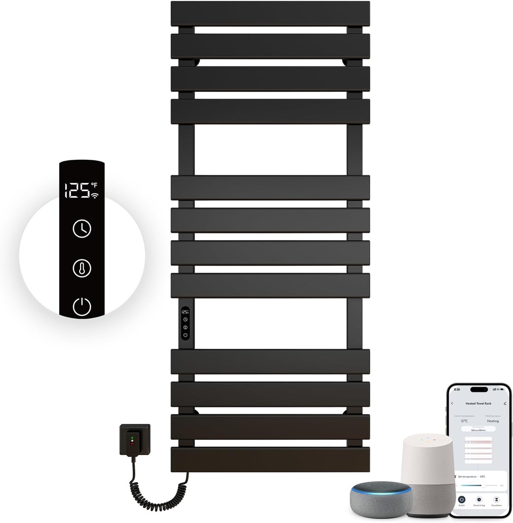 Electric Towel Warmer,51 * 22 inches WiFi Towel Warmer Rack for Bathroom,492W Wall Mounted Electric Towel Rack with Timer and LED Indicator,Black Left Heated Towel Rack