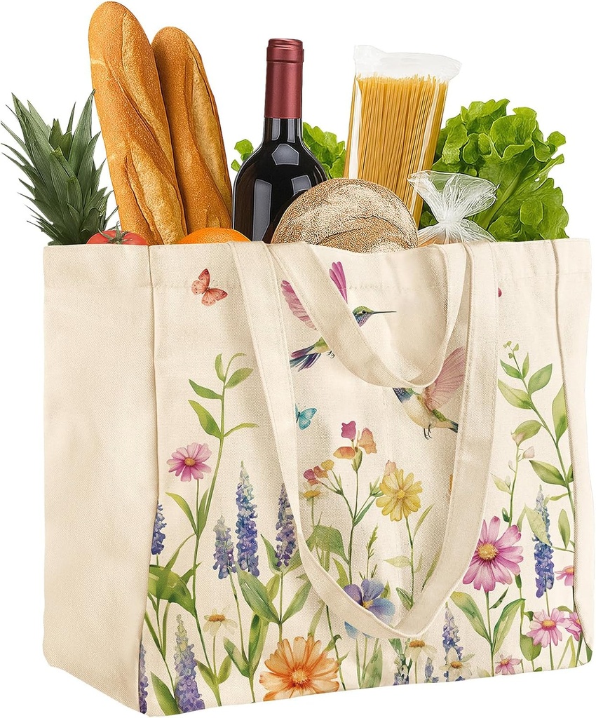 Large Canvas Grocery Tote Bag - Reusable Extra Large Shopping Shoulder Bags with 6 Inner Pockets & 2 Handle Strap