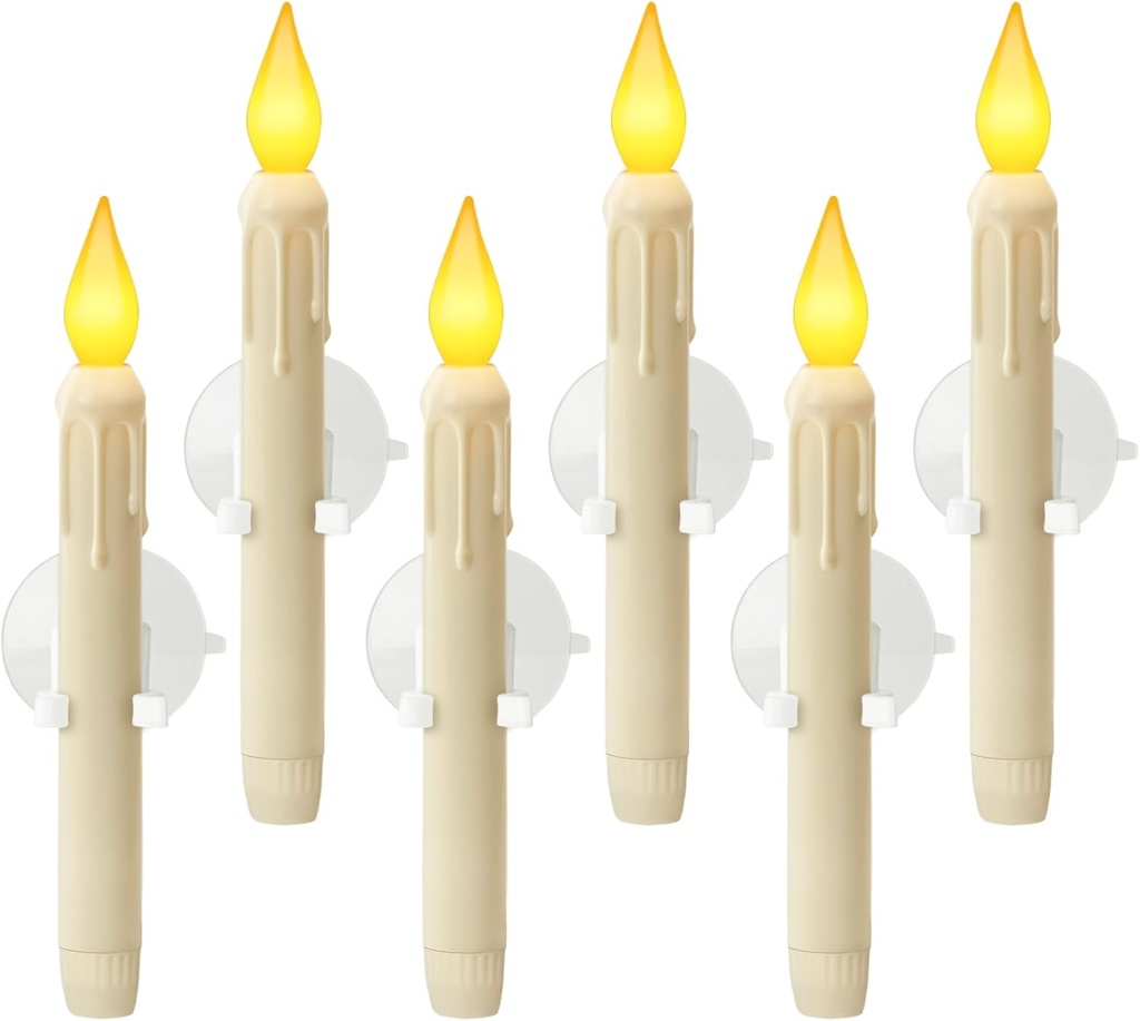 6 Pcs Sensor Dawn to Dusk Window Candles, Flickering Battery Candles for Windows, Ultra Bright Fake Candle Lights with Suction Cup, Led Candlesticks for Xmas Home Decor, Warm Yellow Light