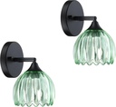 2 Pack 1 Light Vintage Wall Sconces Tulip Green Glass Lampshade Hradwired Modern Black Wall Lighting Fixture for Bedside Bedroom Doorway