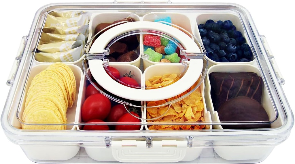 Snack Box Container, Divided Serving Tray with Lid and Handle, Snackle Box Container, Snack Organizer for Adults Fruit Veggie Tray, Perfect for Picnic,Concerts Entertaining（1 Pack）