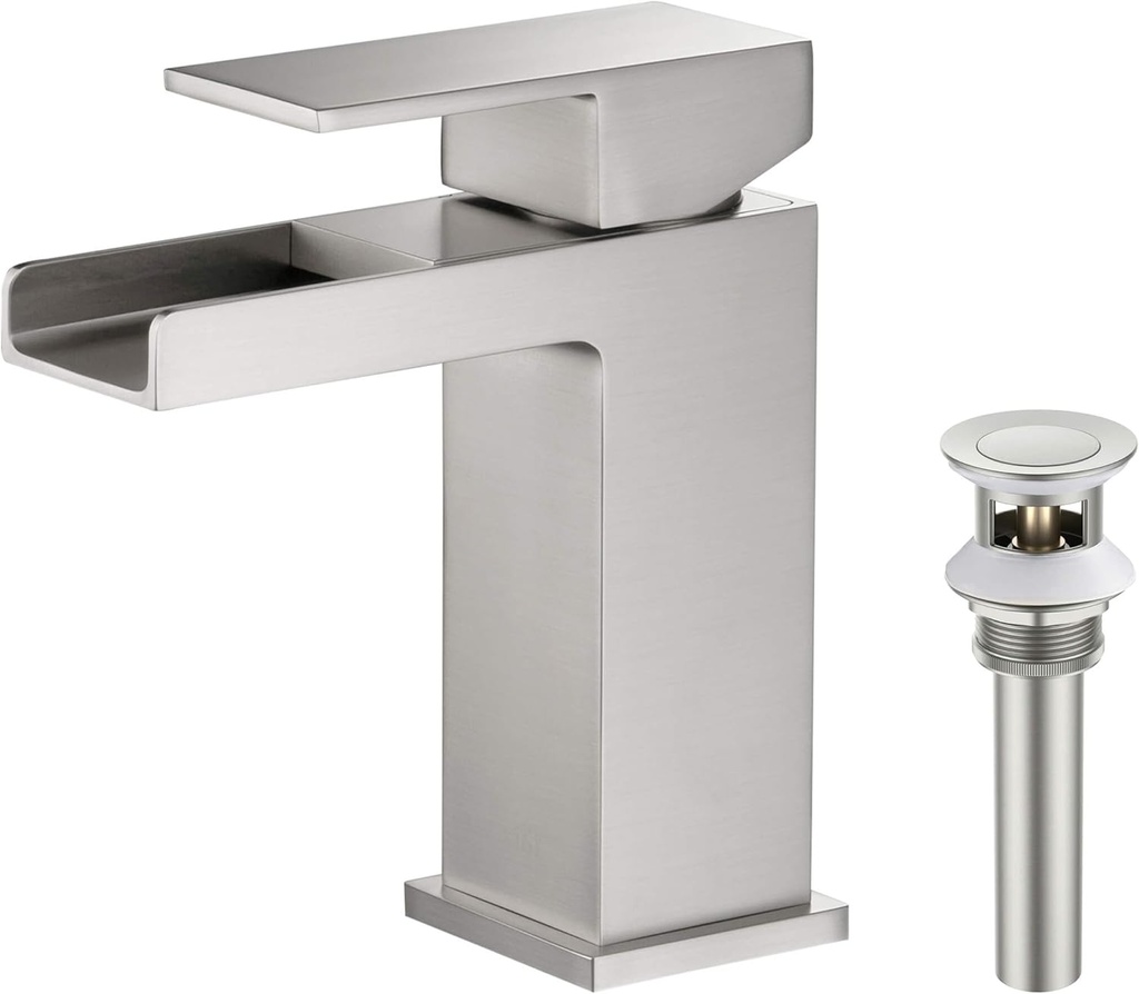 KIBI Waterfall Brass Single Handle Bathroom Vanity Sink Faucet, Lavatory Sink Faucet with Water Hose (Brushed Nickel W/Pop Up Drain)