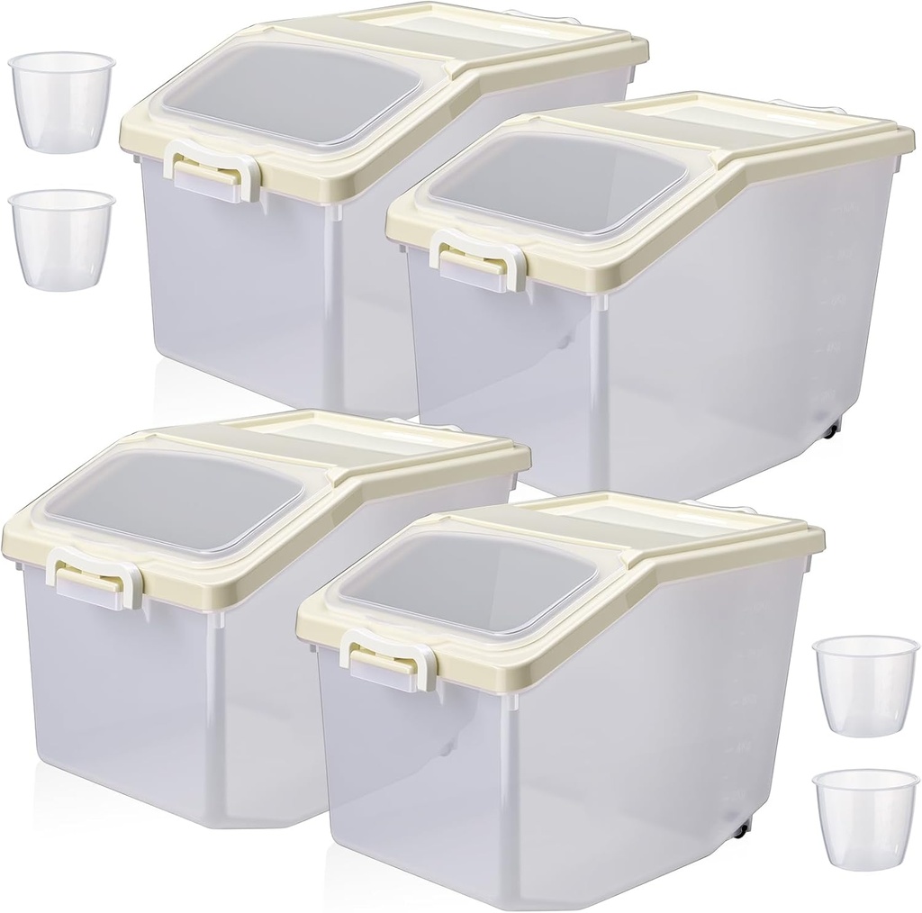 Sunnyray 4 Pcs Rice Storage Container 27.6 lb Airtight Flour Container with Wheels and Lids Measuring Cup Clear Pet Food Dog Birds Cat Food Bin Grain Cereal Organizer Box (Cream)