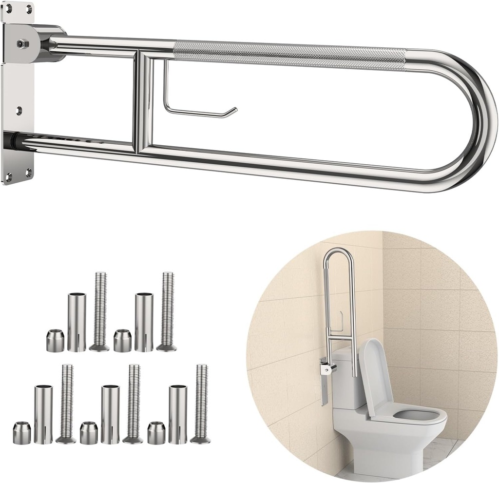 Toilet Grab Bar 30.3 Inch, YuanDe Flip Up Grab Bar with Paper Holder, Polished Chrome Anti-Slip Safety Bars for Toilet, Stainless Steel Knurled Toilet Handles for Seniors Disabled Elderly Pregnant