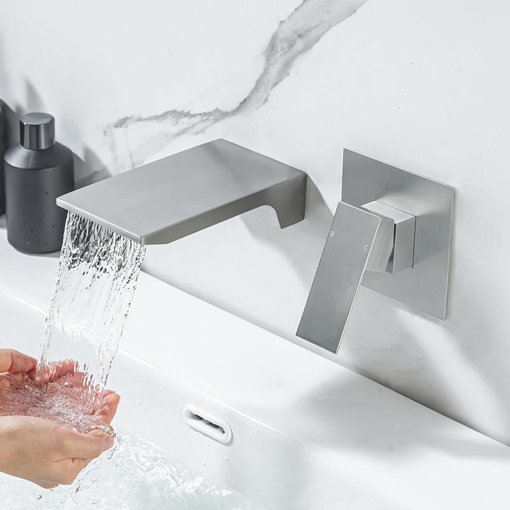 Wall Mount Bathtub Faucet Waterfall Bathroom Sink Faucet Single Handle Wall Mount Widespread Waterfall Vessel Faucet 2 Hole Lavatory Vanity Faucets, Brushed Nickel