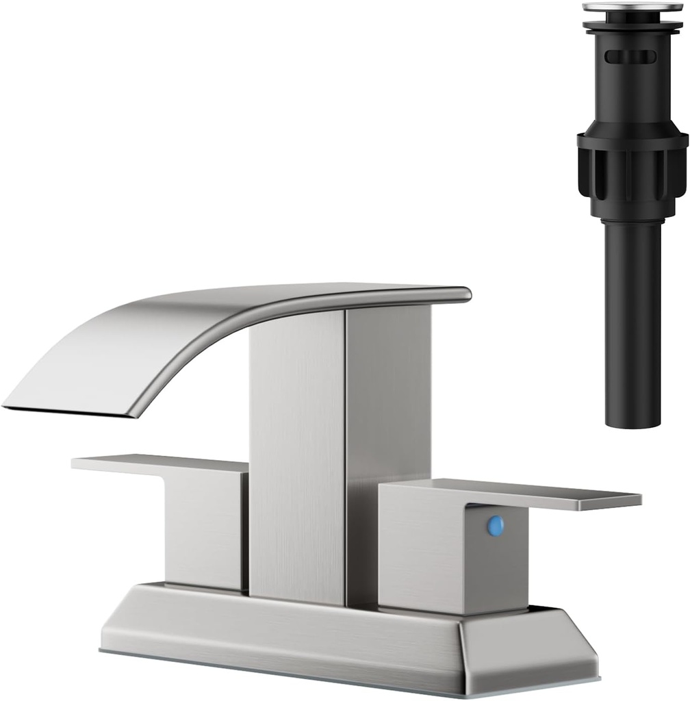 RUMOSE Brushed Nickel Waterfall Bathroom Faucets 4 Inch Centerset Bathroom Sink Faucet with Pop Up Drain Two Handles 2 or 3 Holes Vanity Faucet RV Lavatory Basin Mixer Tap Deck Mount Stainless Steel