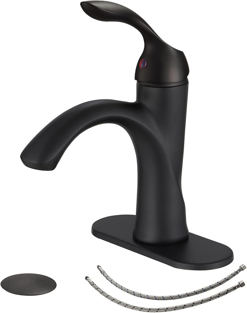BWE Black Bathroom Faucet Single Hole with Pop Up Drain Assembly with Overflow and Supply Line Single Handle Matte Bathroom Sink Faucet Lavatory Basin Mix Tap