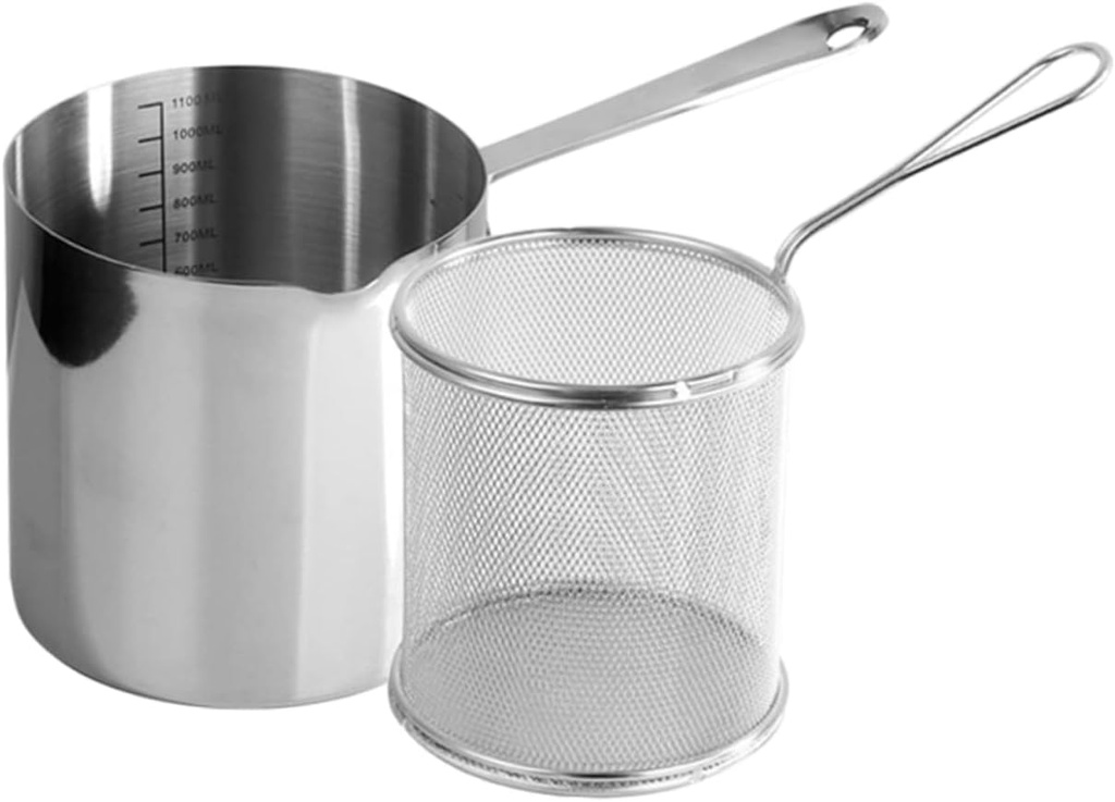 GARVALON Stainless Steel Small Fryer Pot with Deep Frying Basket and Handle Heat Resistant Food Fryer for Home Cooking Mini Fry Basket for Pasta and Snacks