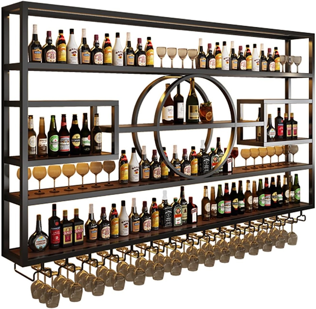 Wine Rack Wall Mounted Bar Shelf with LED Light,Floating Bar Shelves with Wine Glass Holder,Wine Storage Racks,Iron Liquor Bottle Display Shelf for Kitchen,Wine Cellar,Home Decor,Black/Gold