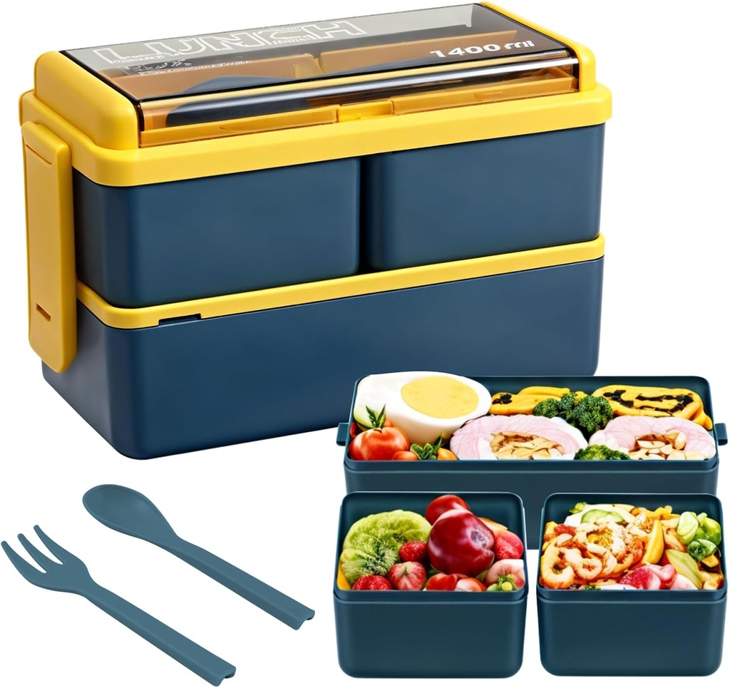 Adult Lunch Box, 4 Compartment Bento Box 47OZ Leak-Proof Lunch Containers Box for Dining Out Work -Blue