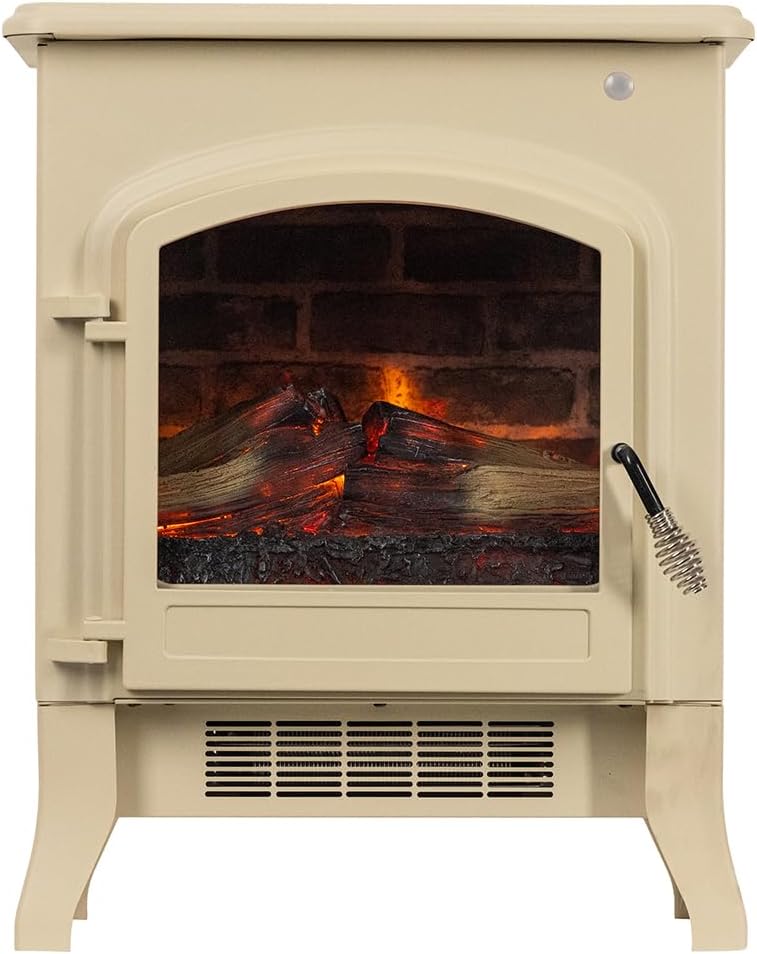 Country Living 18 Inch Infrared Freestanding Electric Fireplace Stove Heater in Cream | Provides Supplemental Zone Heat with Remote Control | Adjustable Flame Colors, Speeds, Brightness | Metal Body