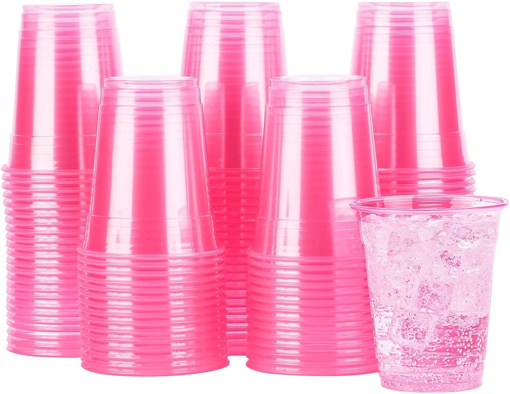 Pink Plastic Cups 12oz [50 pack] Disposable Clear Pastel Pink Plastic Water Cup for Wine Juice Cold Beverages Cute Drinking Cups for Birthday Wedding Valentines Bachelorette Party Holiday