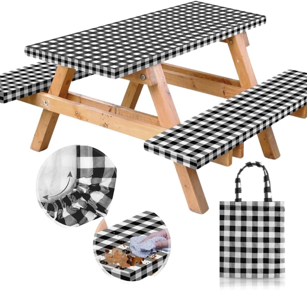 RNOONY Vinyl Fitted Picnic Table Cover with Bench Covers and Bag, 6ft Outdoor Waterproof Windproof Tablecloth with Elastic Edges. Camping RV Gear Campers Must Have 72x30 Inches 4 Pcs Set (Black)
