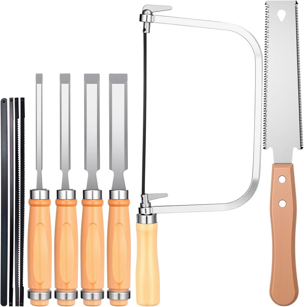 6 Pcs Professional Woodworking Tools Set 4 Piece Wood Chisel Bevel Edge Chisel Set 1/4", 1/2", 3/4" and 1" 6-inch Woodworking Saw Flexible Double-edge Blade 17/11 Tpi Protouch Coping Saw