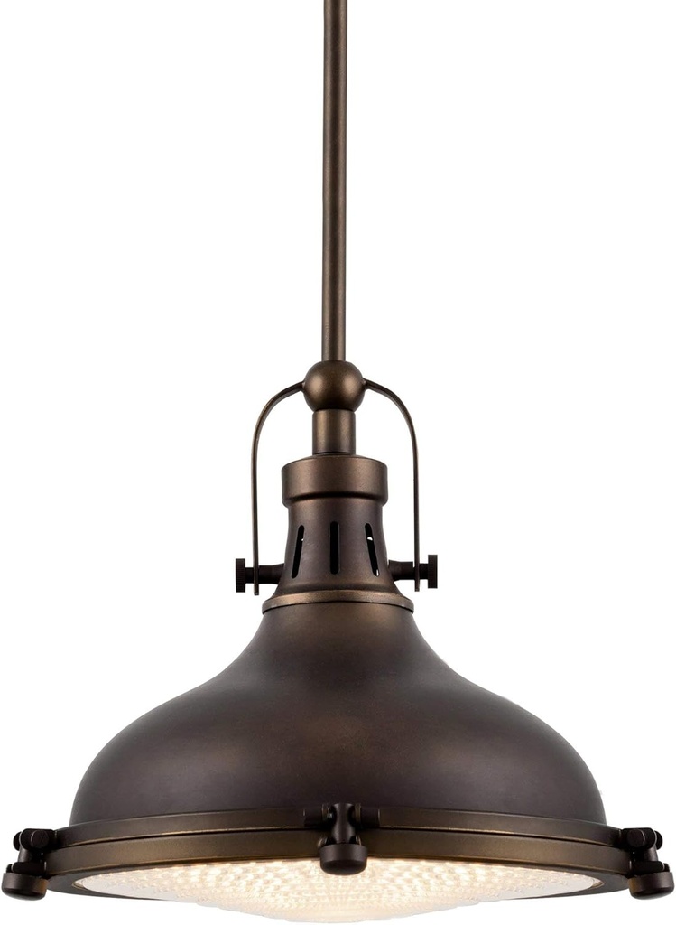 Kira Home Beacon 11" Industrial Farmhouse/Nautical Pendant Light with Round Fresnel Glass Lens, Adjustable Hanging Height, Oil-Rubbed Bronze Finish
