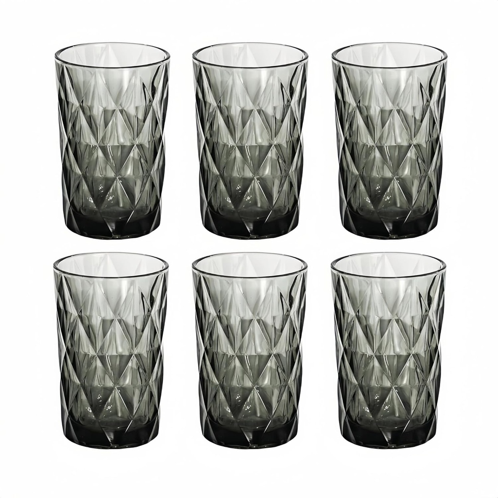 Bandesun Drinking Glass set of 6 Diamond Pattern Kitchen Glassware Tumbler（12 OZ Gray），for Water，Cocktail，Milk，Juice and Beverage.