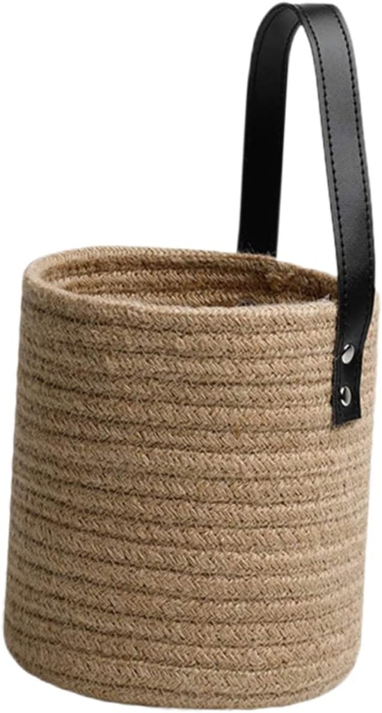CHILDWEET Cotton Hanging Storage Basket Leather Handle Wall Basket Decor for Flower Kitchen Sundries Holder