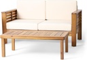 Christopher Knight Home Louver Outdoor Acacia Wood Loveseat and Coffee Table Set with Cushions, Acacia Wood 2 Seater Couch, Slats Panel Coffee Table, Chat Set for Balcony Garden Poolside, Teak+Cream