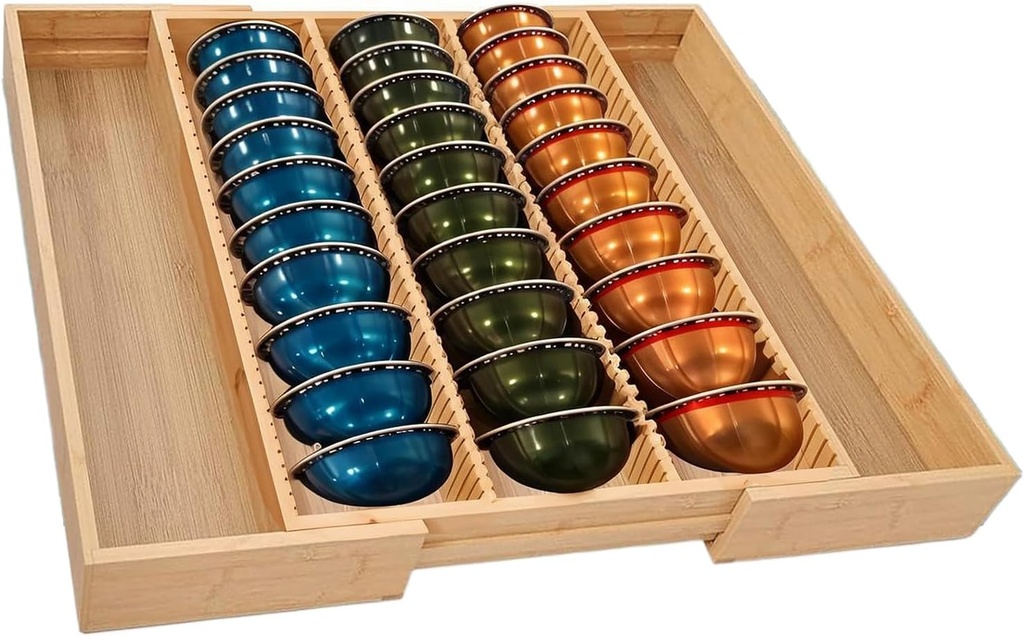 Bamboo Coffee Pod Holder Drawer – K Cup Organizer Compatible with Nespresso Vertuo Capsules, Holds 25-45 Pods – Stylish Storage for Coffee Station, Home Office, and Kitchen