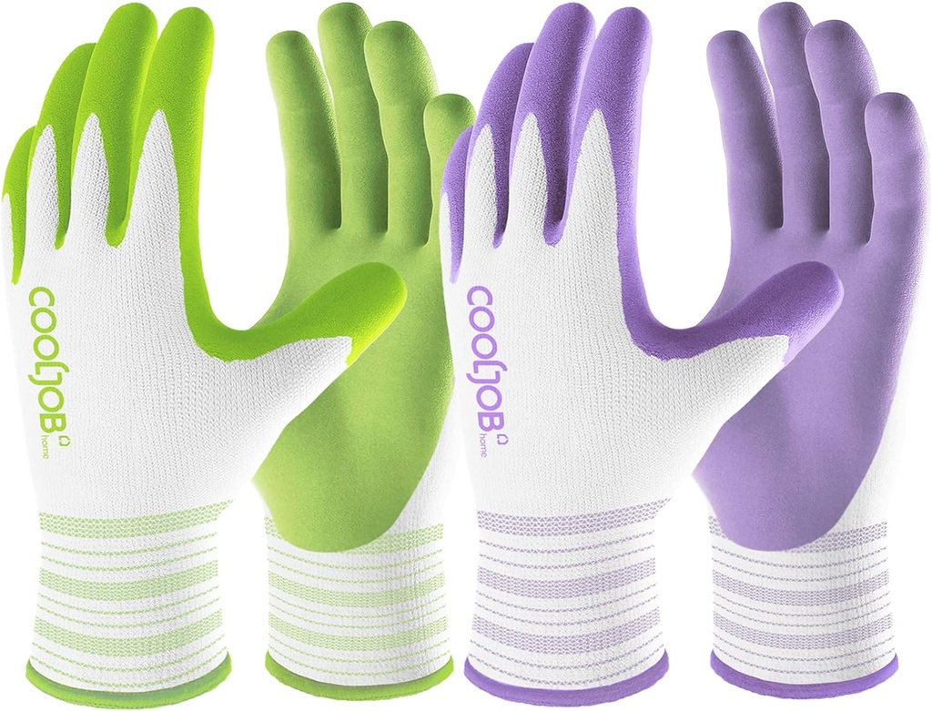 COOLJOB 10 Pairs Gardening Gloves for Women Ladies, Breathable Rubber Coated for Yard Garden, Outdoor Indoor Protective Work, Medium Size, Lavender Purple & Apple Green