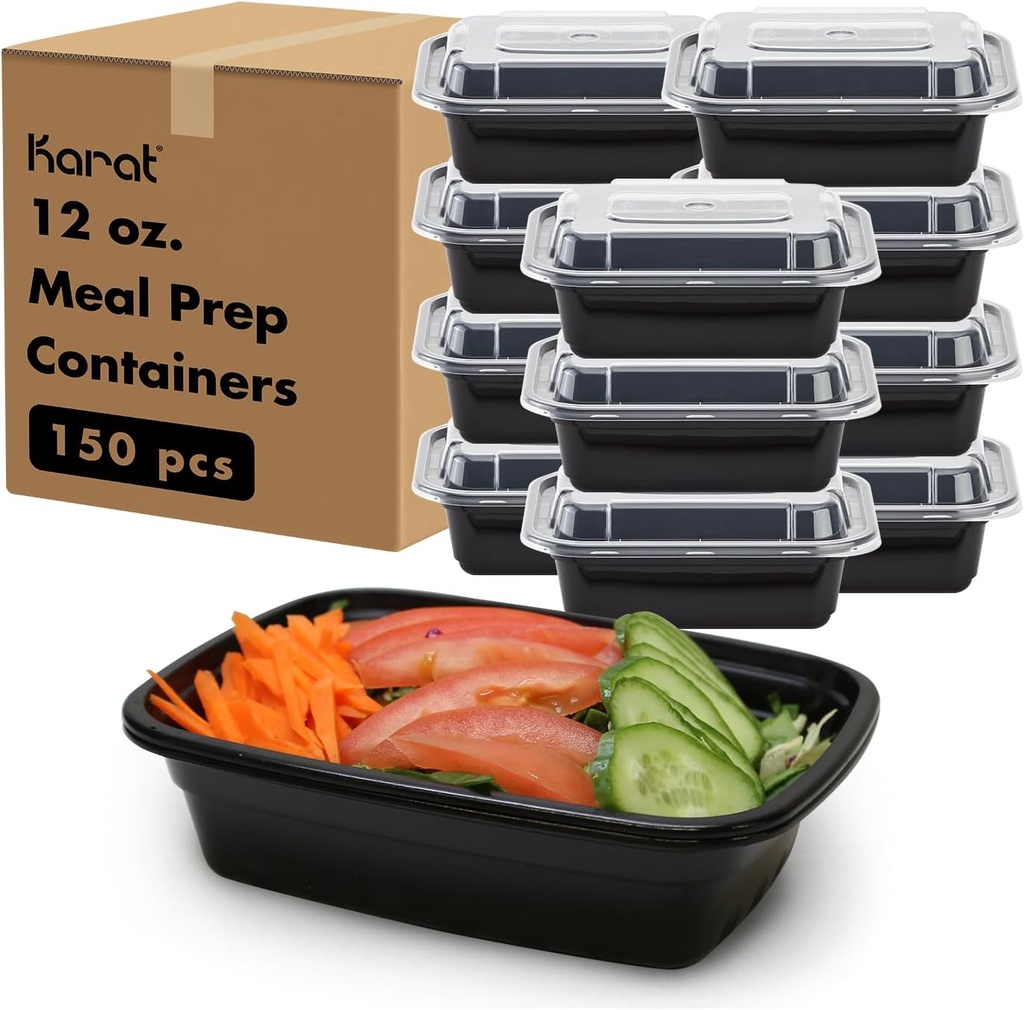 Karat Meal Prep Containers [12 oz - 150 ct] Reusable & Disposable Take Out Containers with Lids - Microwave & Dishwasher Safe Bento Boxes