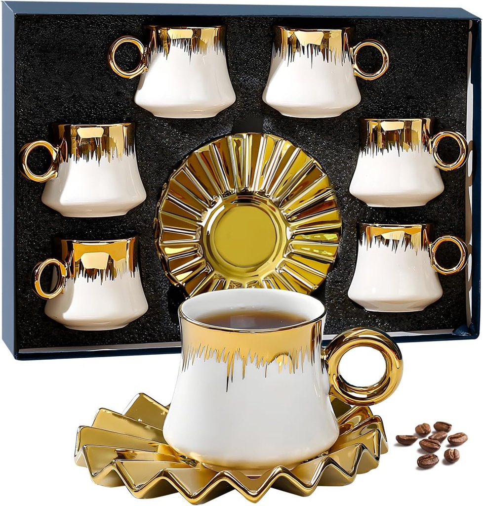 AstraLoom Turkish Coffee Cup Set - 3.5oz Ceramic Espresso Cups, Gold-Plated Rim, White & Gold Design - Ideal for Turkish & Arabic Coffee，6 Cups and Saucers