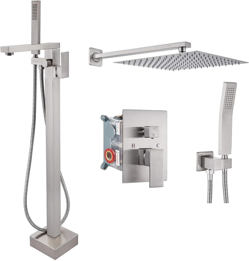 Aolemi Brushed Nickel Freestanding Bathtub Faucet Floor Mount Tub Filler Single Handle Tap with Handheld Shower and Swivel Mixer Spout 12’’ Shower Head Combo Set Wall Mount Bathroom Shower Faucet