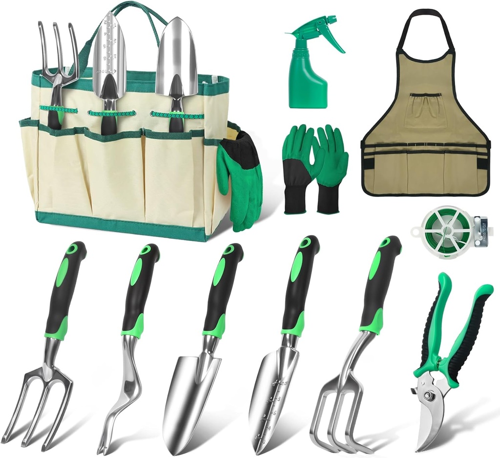 11-Piece Gardening Tool Set, Heavy Duty Garden Tool Set with Storage Bag and Apron, Durable Aluminum Alloy Garden Tools Kit, Gardening Gifts for Women, Mom, Grandma
