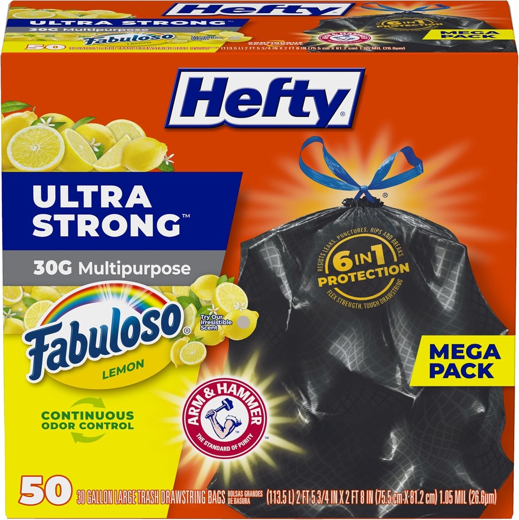 Hefty Ultra Strong 30 Gallon Trash Bags, Large Trash Bags 30 Gallon Size, Multipurpose, Break Resistant Drawstring Closure, Resists Leaks, Punctures, and Tears, Black, Fabuloso Lemon Scent, 50 Bags