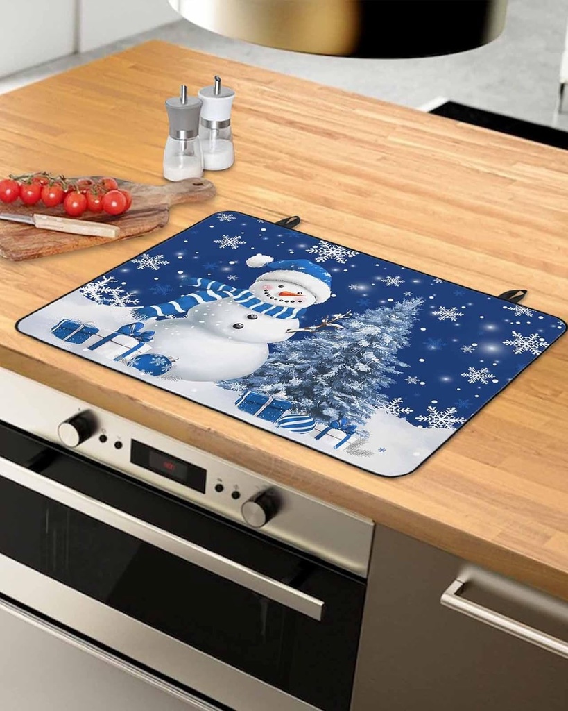 Christmas Countertop Burners Protection Mats for Kitchen, Snowman Christmas Tree Gift Blue Rubber Stove Top Cover Mat, Heat Proof Mats Cooktop Cover for Counter Dish Drying Mat, 31"x24"