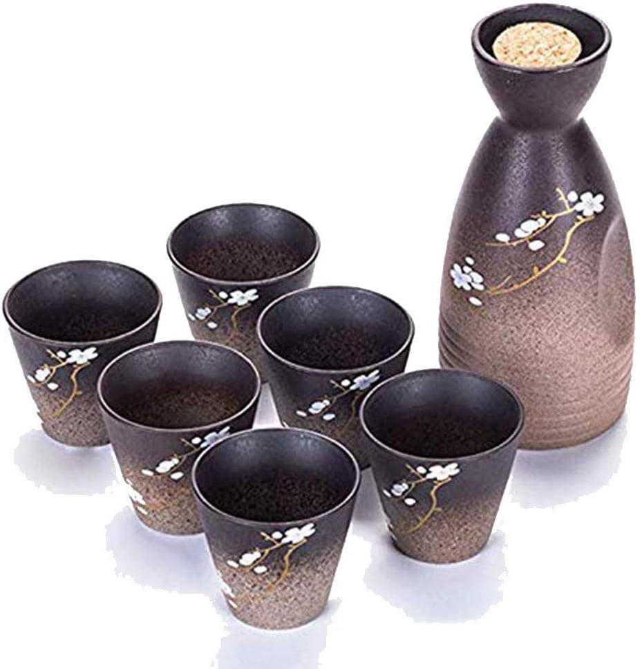 7 Piece Japanese Sake Set, Hand Painted Sakura Sake Cup Set, 1 pc Sake Pot and 6 pc Sake Cups, for Cold/Warm/Shochu/Tea Best Gift for Family and Friends