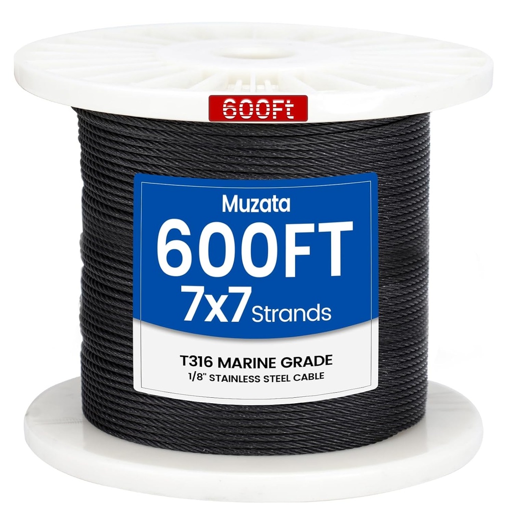 Muzata 600 ft 1/8" Black Stainless Steel Cable Railing System Hardware T316 Stainless Steel Wire Rope 7x7 Strands 1800 lb Breaking Strength Black Cable Railing Kit for Indoor Outdoor WR19