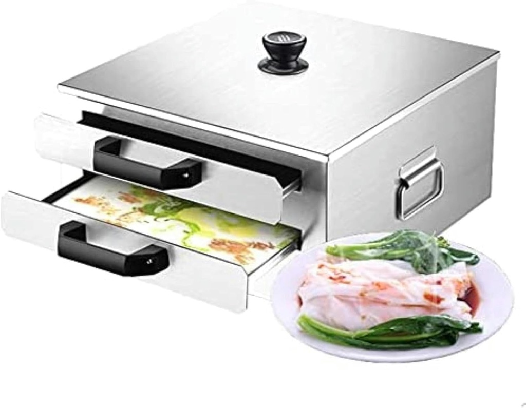 PIKETU Pasta Pots Stainless Steel Rice Noodle Rolls Machine Steamed Vermicelli Roll Steamer Cantonese Cuisine Changfen Cookware with 1 Tray with Hole + 2 Solid Tray