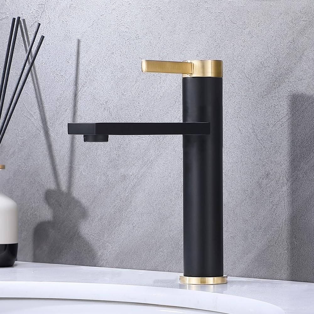 COMLLEN Black and Gold 304 Stainless Steel Single Handle Single Hole Bathroom Faucet, Sink Faucet with Pop Up Drain and Water Supply Line,Suitable for Vanity Sink, Lavatory Sink and RV Camper Sink
