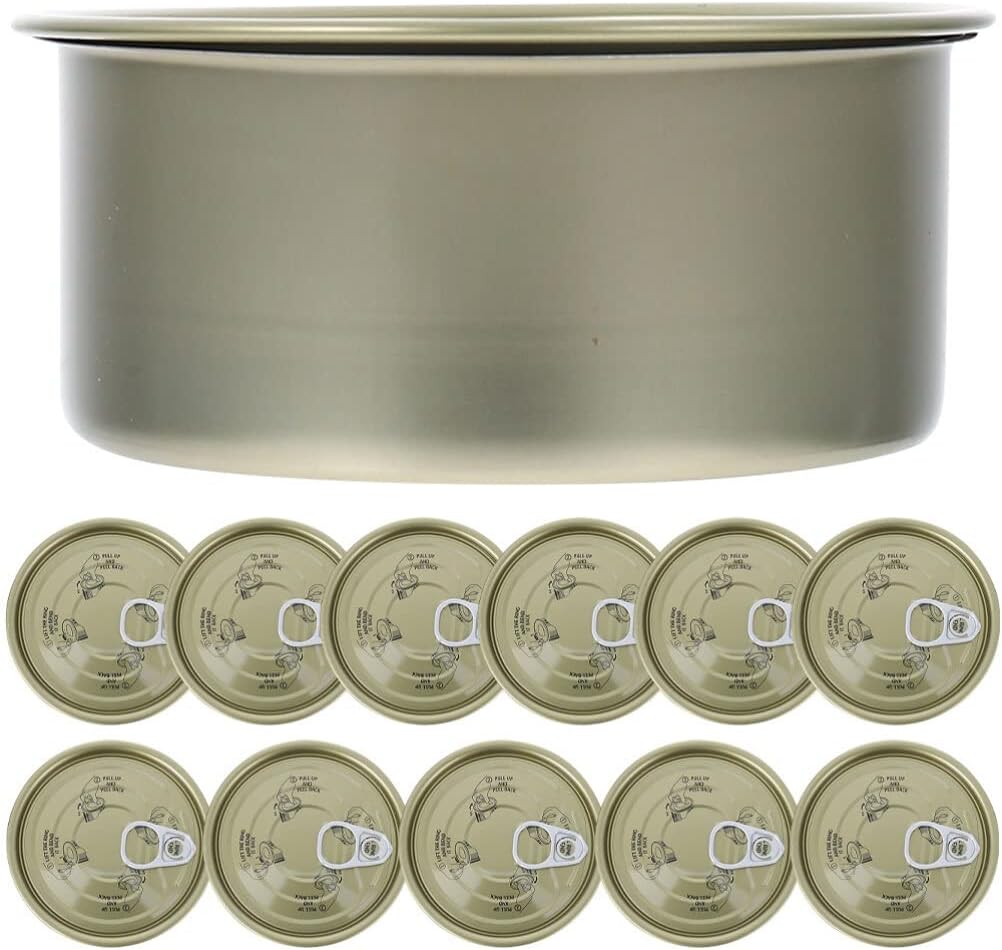 Luxshiny 12pcs Cali Self-seal Tin Can with Lid Press-in Food Container Can Refillable Round Empty Salve Tins Tuna Can for Fish Candies Meat Pet Food 8.3X8.3X3.8CM