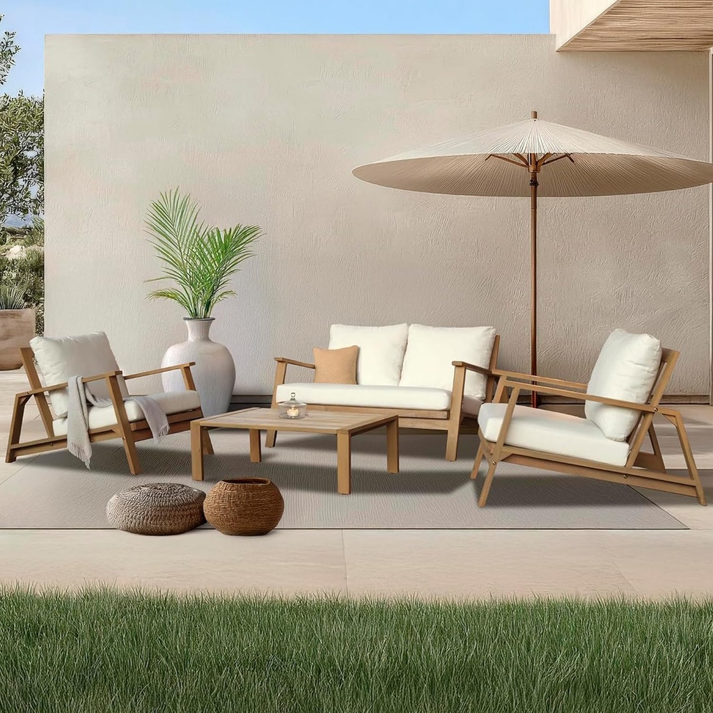 4-Piece Acacia Wood Outdoor Sectional Sofa Set with Loveseat, Armchairs, Coffee Table, 4 Seater Chat Set, All-Weather Outdoor Wooden Patio Conversation Sets for Garden, Backyard
