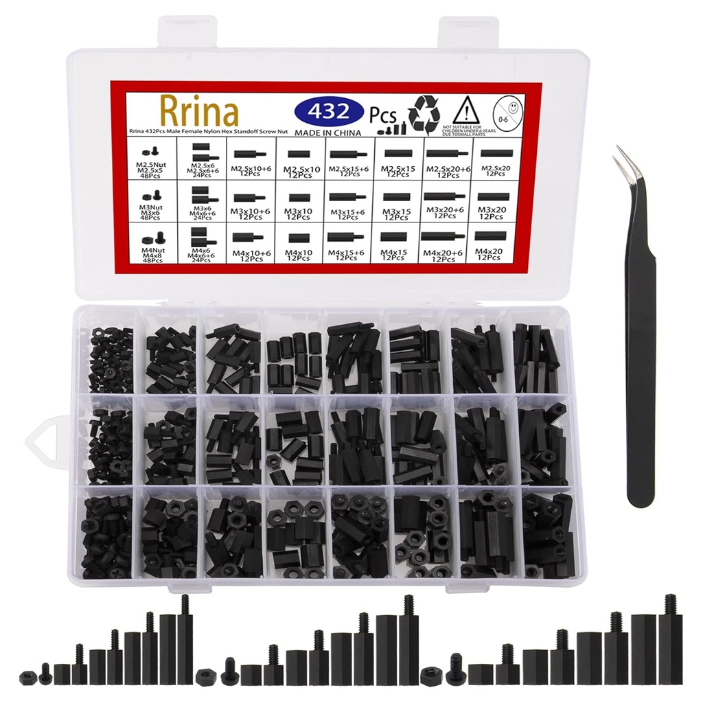 432Pcs M2.5 M3 M4 Male Female Nylon Hex Standoff Screw Nut Threaded Pillar PCB Motherboard Assortment Kit