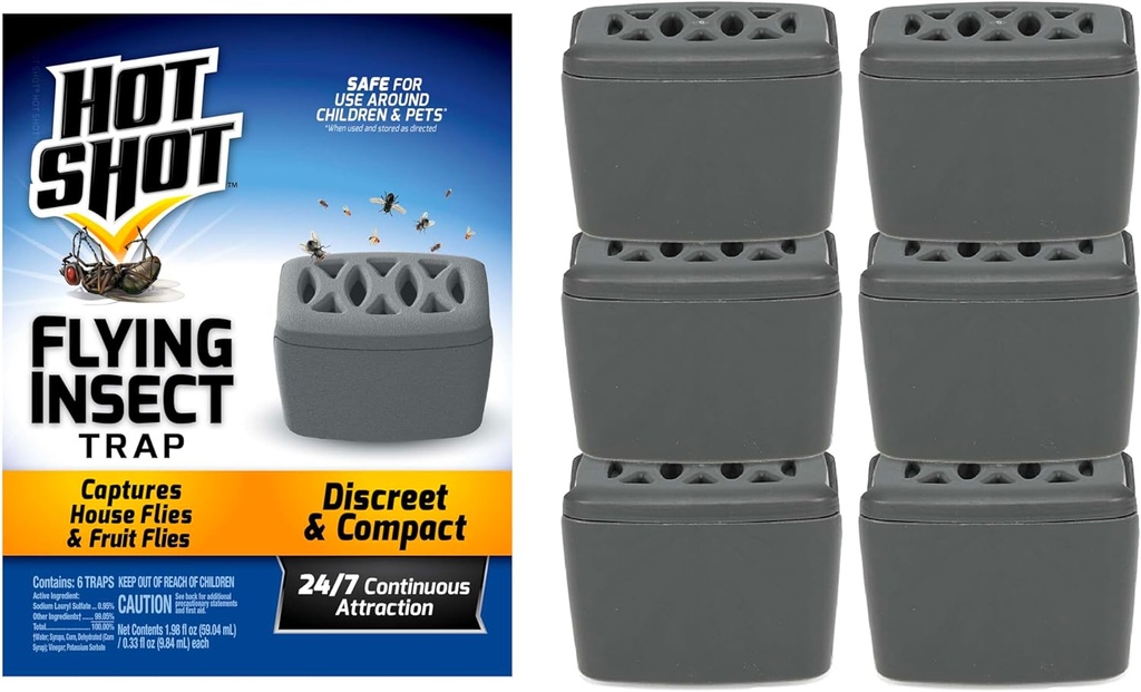 Hot Shot Flying Insect Trap, Discreet, Hassle-Free Trap Attracts, Captures House Flies and Fruit Flies, 24/7 Continuous Attraction, No Plug-in Or Electricity Needed, 6 Count