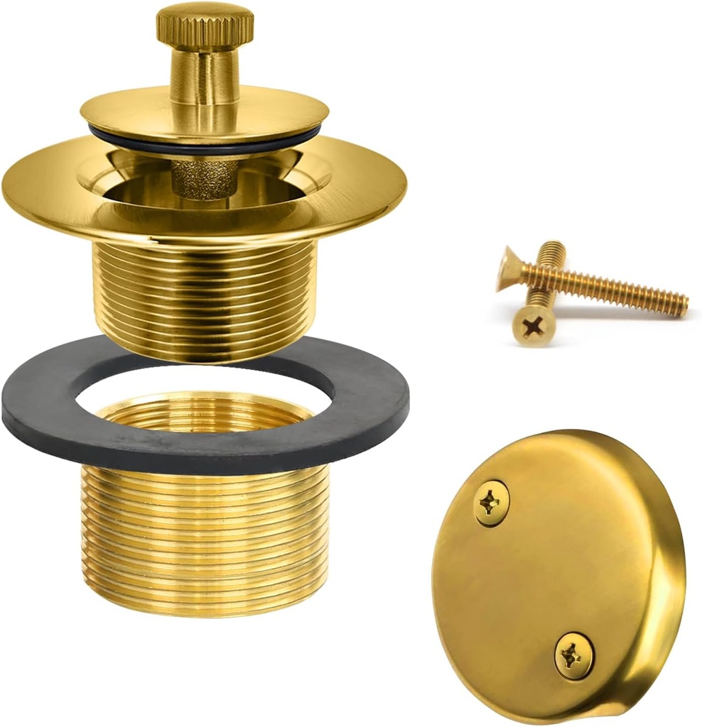 Brushed Gold Bathtub Drain - Lift and Turn - Gold/Brass Tub Drain, Overflow Drain Cover, and Tub Drain Replacement Kit - Solid Brass - Professional Grade - Fits 1-3/8" and 1-1/2"