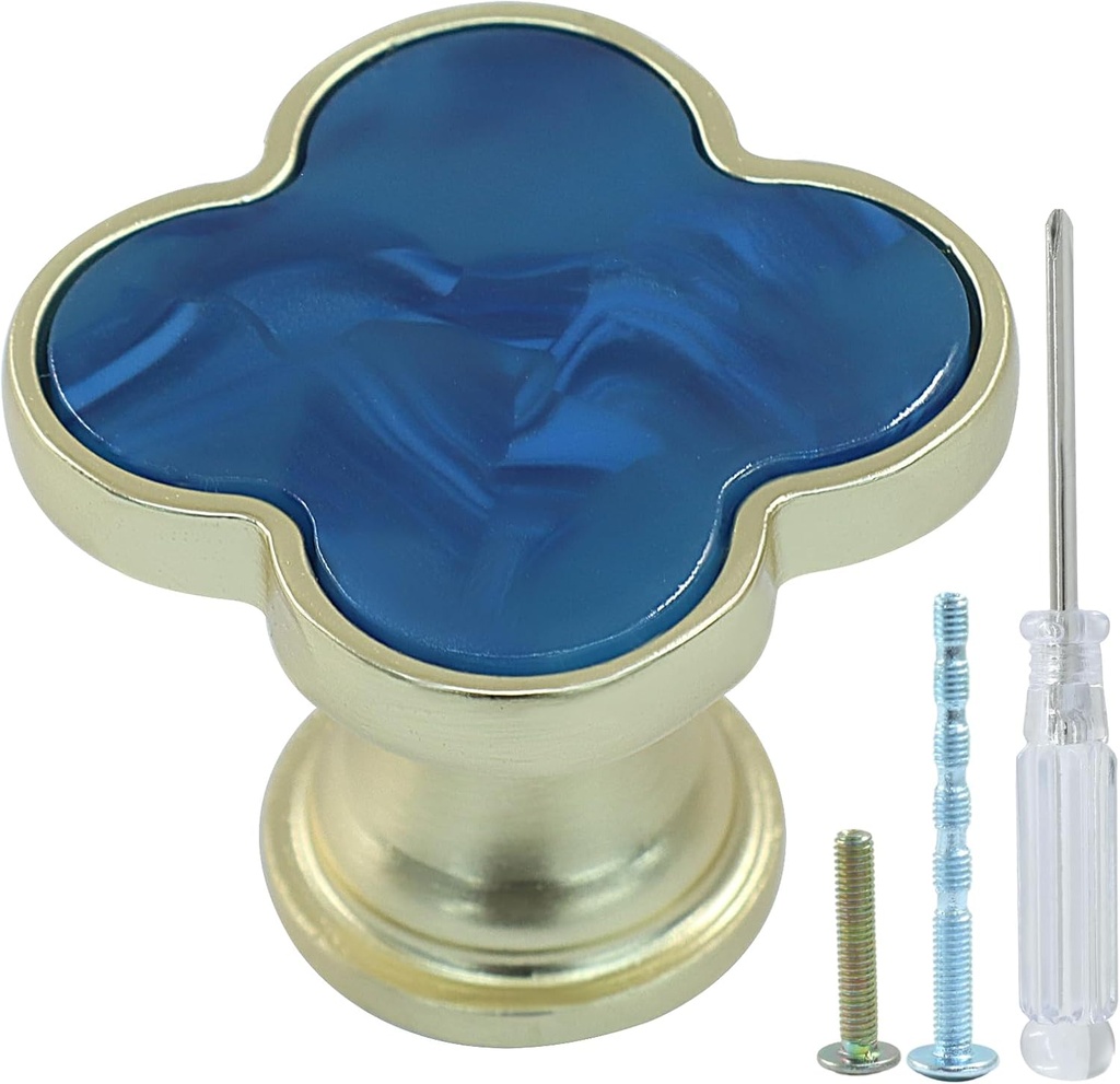 Hordion 6 Pcs Clover Cabinet Knobs, Four-Leaf Handle Decorative Dresser Drawer Knobs Zinc Alloy Single Hole Pulls for Closet Cupboard Pantry, Blue